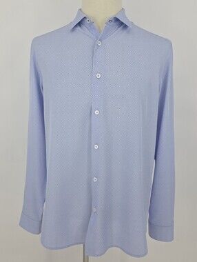 C-Lab NYC Men’s Large Blue Micro Print 4-Way Stretch Slim Fit Dress Shirt 16.5
